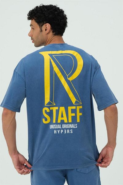 HYPERS Tricou oversize pentru bărbați cu imprimeu albastru spălat R Staff