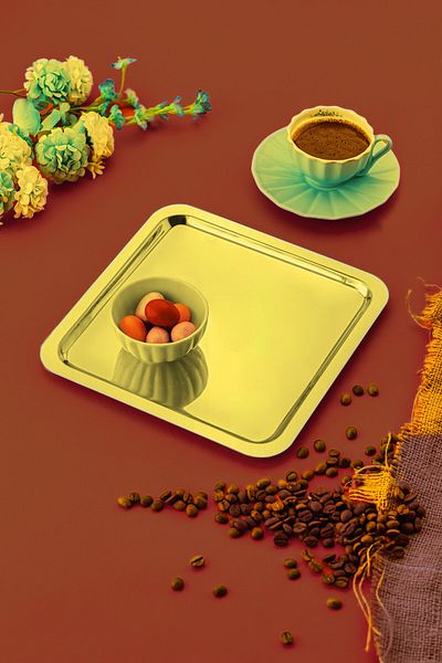 ÖzSa Home 2-Piece Gold Luxury Square Stainless Steel Coffee Tea Catering and Presentation Tray Gold Color 21x21cm