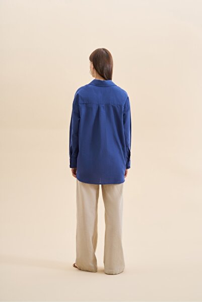 EBU Prive Kadın Organik Pamuklu Oversize Gömlek Saks