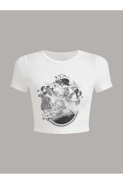 Jose Clothing Λευκό εμπριμέ γυναικείο Crop Top - Κοντό μανίκι, μπλούζα που εφαρμόζει στο σώμα