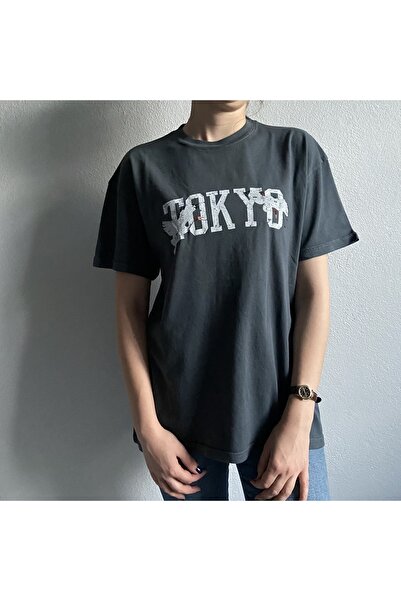 Unisex Antrasit Bisiklet Yaka Oversize Tişört
