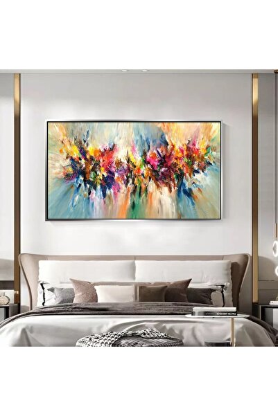 Markazip Renkli Fırça Efektleri Gümüş Metal Çerçeveli Kanvas Tablo 50x120cm K...
