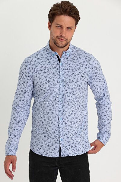 MİRMARONİ Чоловіча синьо-темно-синя сорочка Slim Fit вузького крою, 100% бавовна, з ґудзиками та принтом на комірі