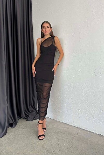 Eka Γυναικείο Μακρύ Φόρεμα Λεπτομέρειας Μαύρο Τούλι 1032-2003