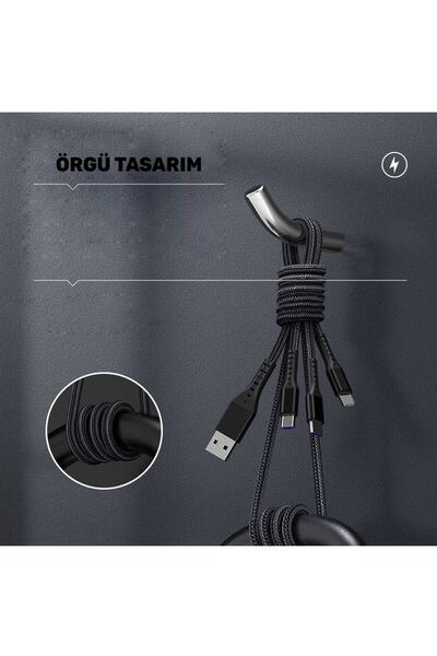 HTM Yapı Huawei Xiaomi Samsung Iphone Uyumlu 5A Örgü Hasır Çoklu Şarj Kablosu Type-c Micro Lightning