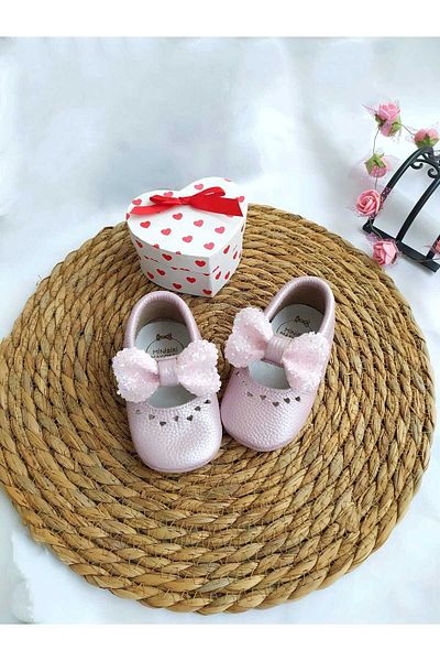 MİNİBİRİ Princess Model Lilac Sequin Bow Genuine Leather Baby Loafer Booties Baby Shoes