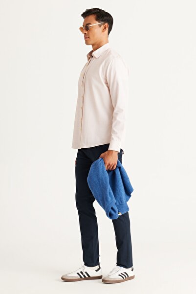 ALTINYILDIZ CLASSICS Ανδρικό Λευκό-Πορτοκαλί Slim Fit Slim Fit Κρυφό γιακά Βαμβακερό ριγέ πουκάμισο