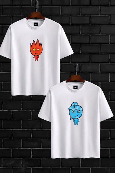 AMMA Lover Combination 2 Pack Fire and Water Printed Oversize κοντομάνικο μπλουζάκι