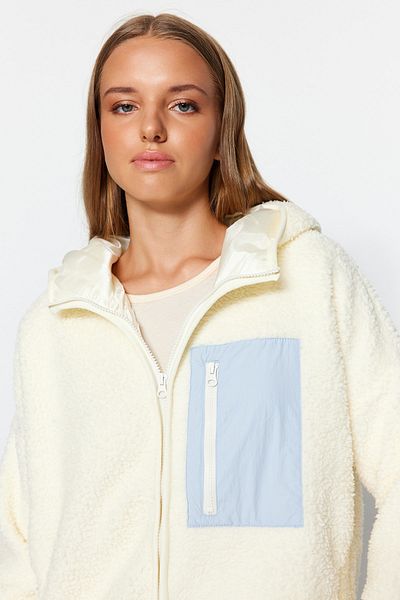 Trendyol Collection Oversize Ecru Plush Coat - Hooded and Pocket Detailed Twoaw24Mo00200