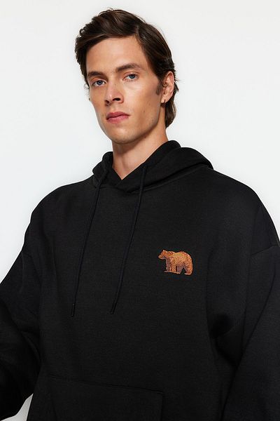 Trendyol Collection Черен поларен суичър с бродерия на животни - голям с качулка, топъл TMNAW24sw00097