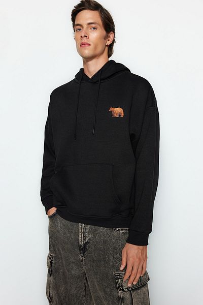 Trendyol Collection Черен поларен суичър с бродерия на животни - голям с качулка, топъл TMNAW24sw00097
