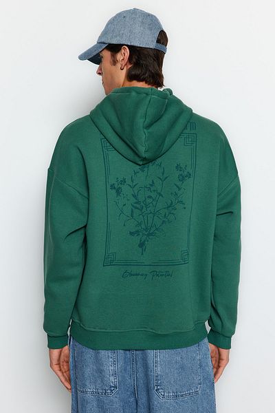 Trendyol Collection Zelená oversize mikina s potištěným fleecem s kapucí – TMNAW24sw00100