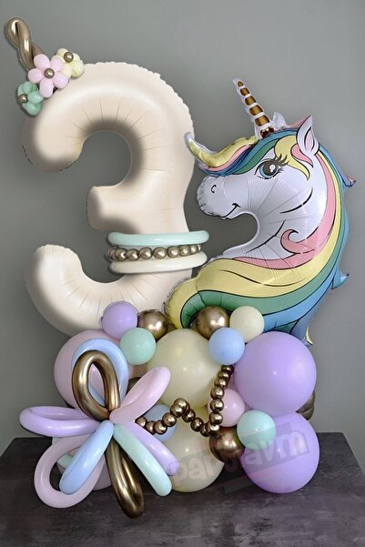 PARTİAVM Unicorn Balon Unicorn Tema Krem Rakam Balonlu Makaron Gökkuşağı Set ...