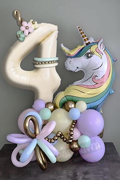 PARTİAVM Unicorn Balon Unicorn Tema Krem Rakam Balonlu Makaron Gökkuşağı Set ...