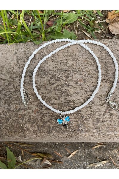 Stoneday Turquoise Bee Figured Silver Detailed White Turquoise Sand Bead Necklace