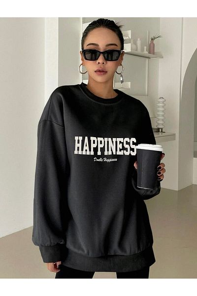 My Blog Чорний світшот з принтом Happines