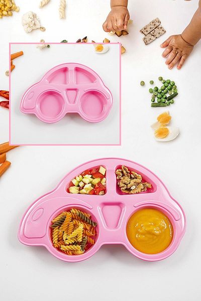 Bayev Car Model Food Plate - Pink Baby and Children's Dinner Plate with Compartments