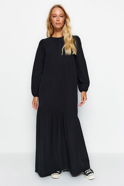 Trendyol Modest Black Gather Detailed Cotton Wide Fit tkané šaty TCTSS21EL3470