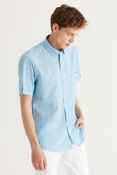 AC&Co / Altınyıldız Classics Men's Blue Comfort Fit Relaxed Cut Button Collar Cotton Striped Short Sleeve Shirt