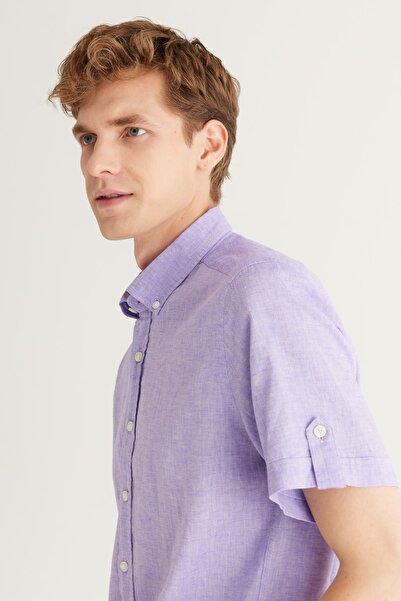AC&Co / Altınyıldız Classics Ανδρικό Λιλά Λινό - Πουκάμισο με κουμπιά γιακά
