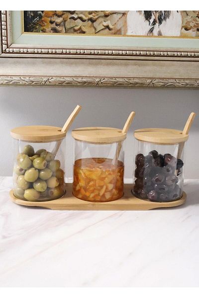 The Mia Bamboo Lid Borosilicate Glass Jam Bowl Set of 3