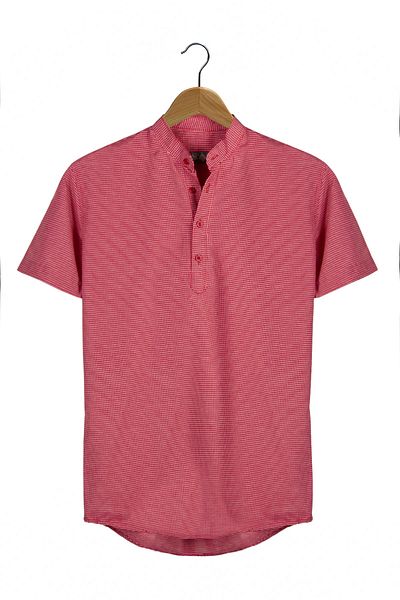 Terapi Men Men's Dark Red Collar Half Plaid Plaid Short Sleeve Slim Fit Shirt
