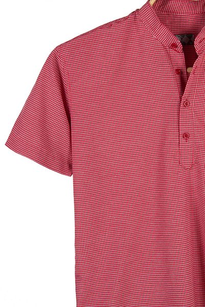 Terapi Men Men's Dark Red Collar Half Plaid Plaid Short Sleeve Slim Fit Shirt