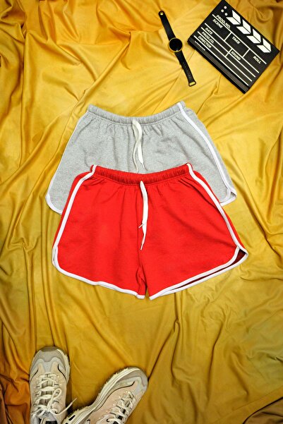 DAXİS Sportwear Company 2'li Gri Kırmızı Renkli Beyaz Biyeli Penye Yırtmaçlı Ipli Mini Şort DAXİS Sportwear Company
