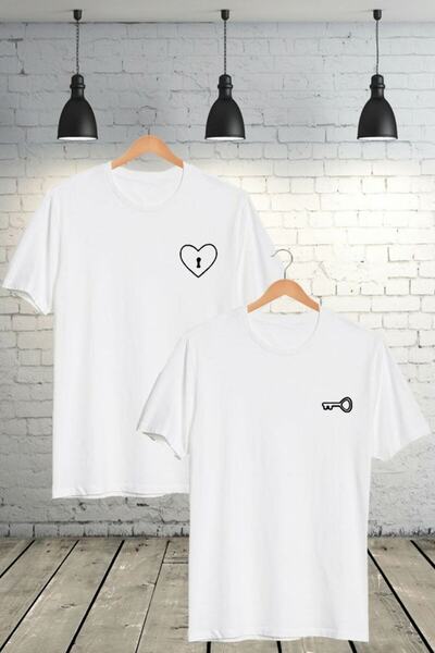 Pelna مجموعة تي شيرت للأزواج (قطعتين) قفل على شكل قلب مطبوع برقبة دائرية بيضا...