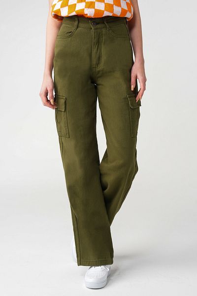 Trn JNS Khaki Cargo Loose Back Pocketless Lycra Super High Waist Jean Trousers