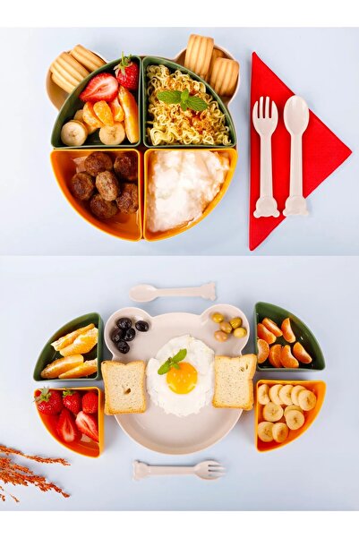 Bayev Green Teddy Bear 4 Compartment Food Feeding Plate and Fork Spoon Set