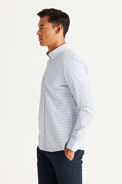 AC&Co / Altınyıldız Classics Men's Navy Blue Slim Fit Slim Fit Button Collar 100% Cotton Checked Shirt