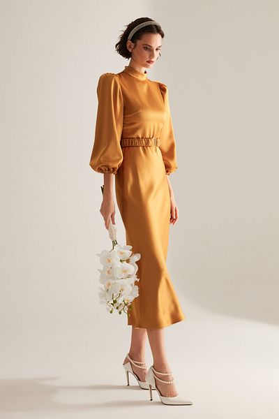 BETTY & SAM Berthe Magnificent Collar Long Mustard Engagement Dress