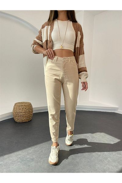 MAKRAS EXCLUSIVE Julia Beige Super vysoký pas Pohodlné Lycra Mom Džínové kalhoty Džínové kalhoty