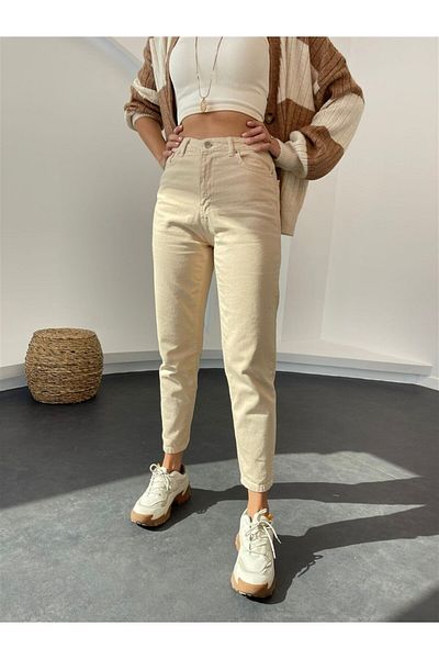 MAKRAS EXCLUSIVE Julia Beige Super vysoký pas Pohodlné Lycra Mom Džínové kalhoty Džínové kalhoty