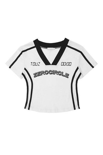 Touz Y2k Zerocircle Printed V-Neck Stripe White Crop