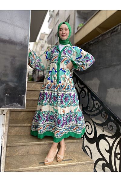 CNG MODA Viscose Patterned Hijab Dress-standard - Green