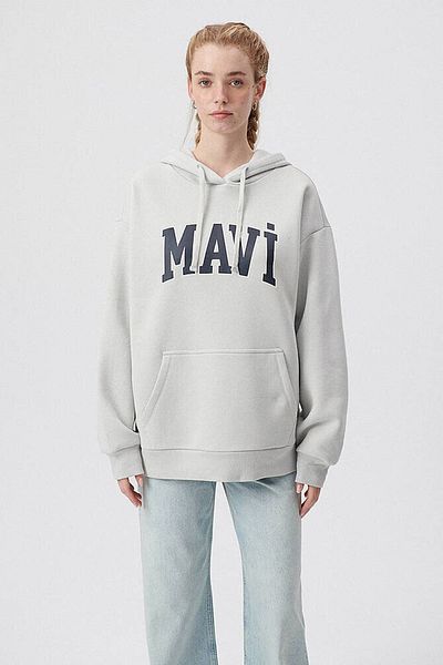 Mavi Blue Logo Printed Women's Sweatshirt - Hooded, Gray 1600361 -34322