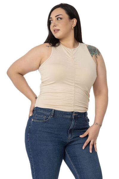 DISENTIS MODEST Plus Size Halter Neck Beige Body with Draped Front and Sides
