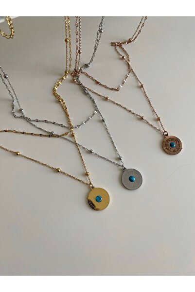 Owentis قلادة ذهبية من الفولاذ بصفين من أشعة الشمس - لا تشويه -