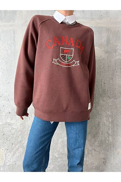 Qu Style Embroidered, Crew Neck, Oversize, Trend, Elegant, 3 Thread Raised, Women's Sweatshirt