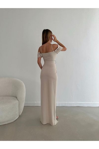 modakyra Imported Crepe Evening Dress with Shoulder Detail, Belt and Front Slit Detail (Color)