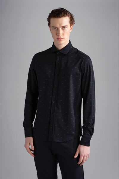 PAUL&SHARK Erkek Marka Logolu Düğmeli Gömlek Yaka Uzun Kollu Siyah Gömlek 133...