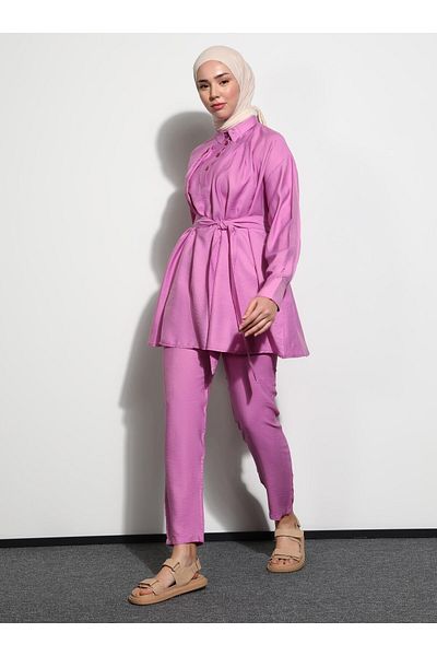 Benin Belted Half Placket Tunic & Trousers Set - Fuchsia - Benin