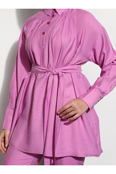 Benin Belted Half Placket Tunic & Trousers Set - Fuchsia - Benin