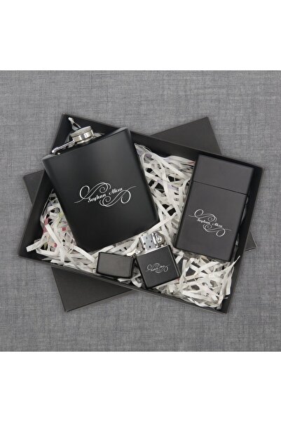 Bk Gift Kişiye Özel İsimli Siyah Çelik İçki Matarası Sigara Kutusu ve Benzinl...