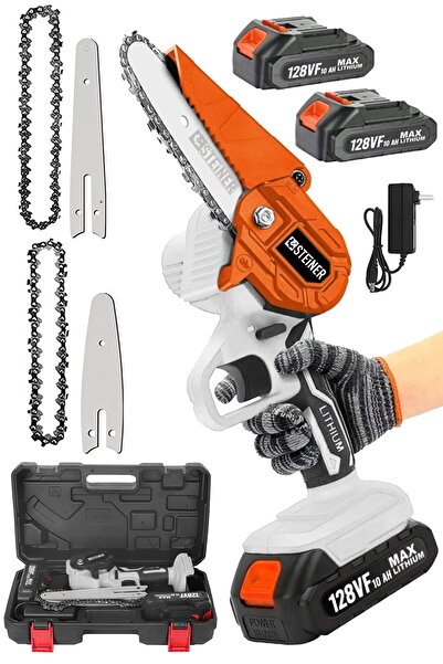 STEİNER Alman 128 Vf 10 Ah Bakır Sargılı Akülü Dal Kesme Budama Testere Bıçkı Makinesi Çift Pala Çift Zincir