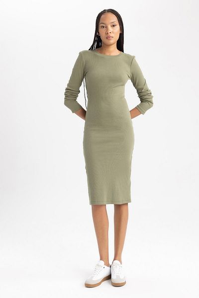 DeFacto Bodycon Crew Neck Ribbed Camisole Midi Long Sleeve Dress B2465ax23au