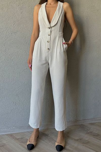 Seda Yalçın Atelier Natural Zero Sleeve Shawl Collar Jumpsuit