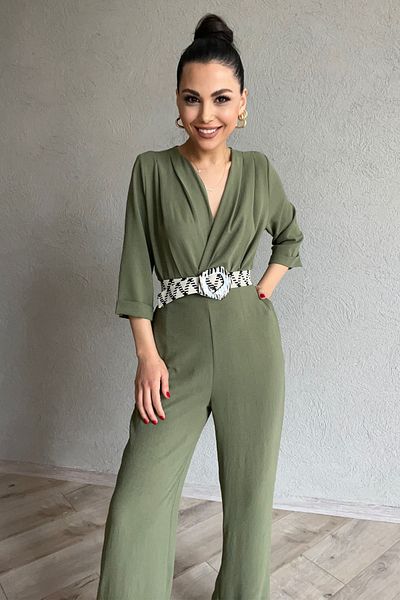 Seda Yalçın Atelier Khaki Belt Patterned Double Breasted Collar Jumpsuit